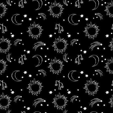 alchemy mystic pattern with moon and sun and stars. cosmic sky. perfect for textile, wrapping paper.