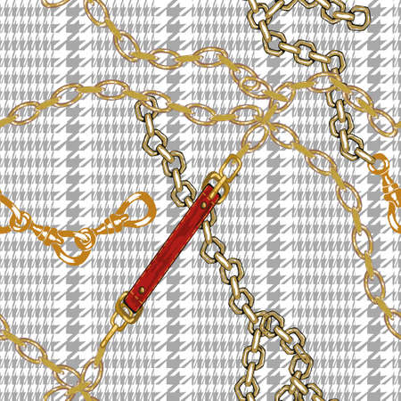 Pattern with gold chains pie de poul and red leather belts. Vintage seamless wallpaper. Perfect for textileのイラスト素材