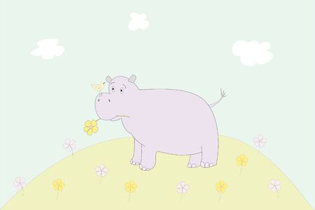 cute illustration with the image of a hippopotamus in a meadowのイラスト素材