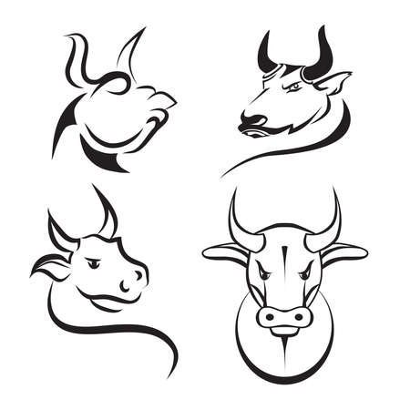 Set of bulls. Simple images of bulls - symbol of 2021. Black and white lined drawingsのイラスト素材