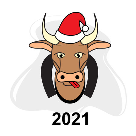 A bull in a red santa hat shows his tongue. New year card in flat styleのイラスト素材