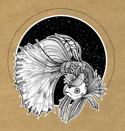 Fish in the style of doodle illustrations. Linear ink drawing for anti-stress coloring.の写真素材