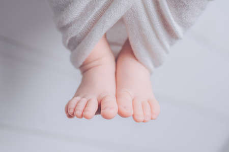 Newborn baby feet in white wrap on gray color backgroundの写真素材