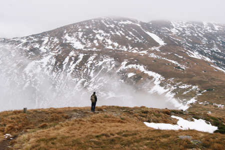 Hiking man in Carpathian mountains. Hike is the most popular recreational activity in West Ukraineのeditorial素材