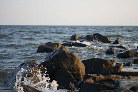 Sea wave with rock at beachのeditorial素材