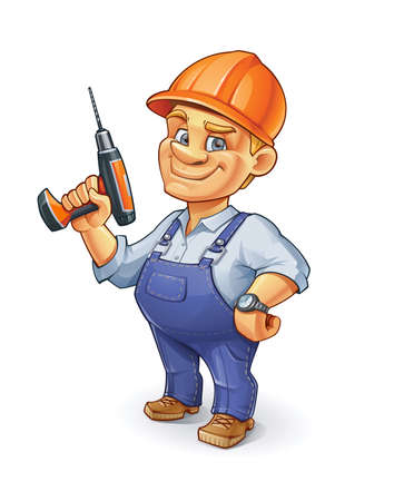 Funny Cartoon Construction Worker Wearing an Orange Construction Helmet and Holding Drill.のイラスト素材