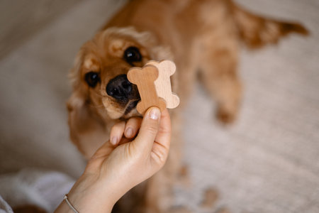 Cocker spaniel dog playing with woman and wooden bones on the floor at homeの写真素材