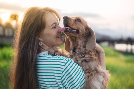 portrait of young beautiful woman and her cocker spaniel dog, summer sunset in public parkの写真素材