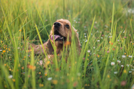 Cute Cocker spaniel dog lying on lown in the grass. Bright colors in sunny summer day.の写真素材
