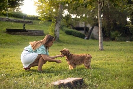 Cute cocker Spaniel dog having fun and playing with young beautiful woman and ball on lown with green grass in public park. Sunny summer day, backlight, slow motionの写真素材
