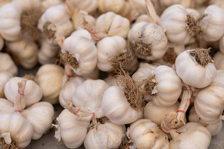 Close-up pile of fresh garlic on market, store or bazaar counter as a background