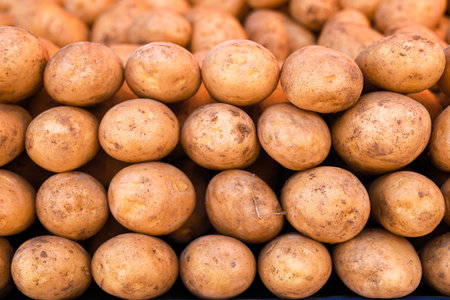 Group of young big fresh potatoes on a bazaar counter or local turkish market, store, season autumn harvest close-upの写真素材