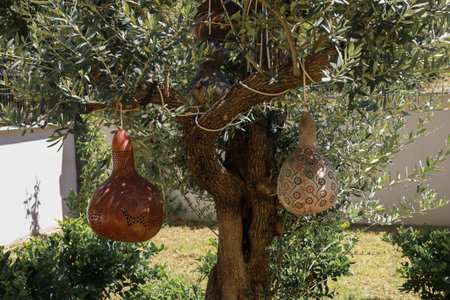 Two beautifully crafted decorative gourds hang from a tree branch in a lush garden. The gourds showcase intricate patterns and designs, one with detailed cutouts allowing light to filter through. Surrounding greenery enhances the vibrant atmosphere, creating a serene and artistic outdoor space perfect for relaxation.の写真素材