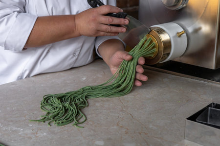 Process of woman preparing handmade pasta. Womans hands working with dough to make pasta. Chef making green dough blanks to make craft pasta. Chef in white jacket preparing food in restaurant kitchen. Small business in the food industry with a focus on high quality and healthy food concept. A woman chops pasta in a special food processor for noodles, green dough with the addition of spinach.の写真素材