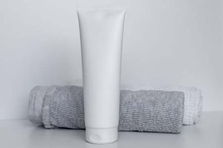 A sleek, white tube of cream or gel sits prominently on a bright countertop, showcasing its smooth...