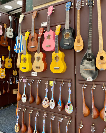 colorful ukulele in a street market in old town. Antalya