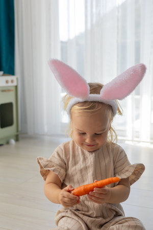 A young girl child dressed in bunny ears enjoys a carrot in a sunlit room. The bright atmosphere is complemented by soft white curtains, creating a cheerful setting. Easter and spring holidays conceptの写真素材