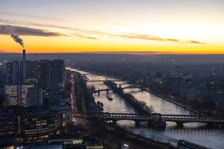Paris city at night, France. Sunset and colorful sky. View from Eiffel Tower top. High quality photoの写真素材
