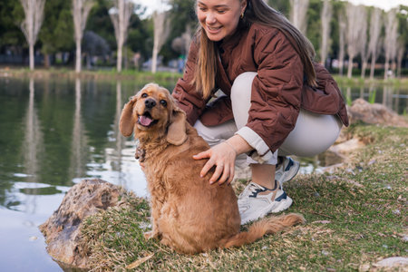 woman gently pets her cocker spaniel while squatting beside a serene pond. Animal looks happy with its tongue out, enjoying warm sunshine in a peaceful park setting.の写真素材