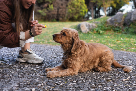 A woman and her cocker spaniel share a joyful, interactive moment in a park. The dog eagerly awaits a treat while the owner offers encouragement and affection.の写真素材