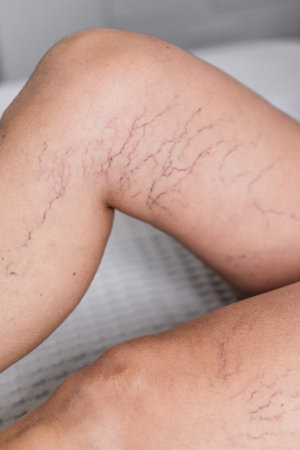 portrait showing the varicose veins on female legs, Wrinkles and spider on the body, problem circulation of blood of the mature woman, health care and beauty concept.の写真素材