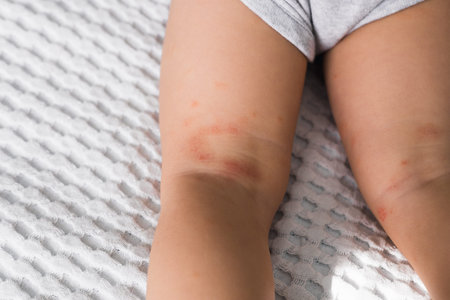 Eczema and red rash on kids legs. Atopic dermatitis close up. Allergy spots and red itchy skin...