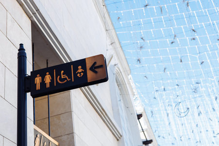 A directional sign points to restrooms for men, women, and accessible options, located in a public...