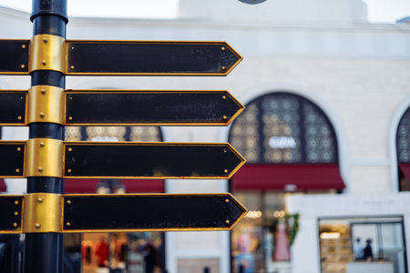 A well-crafted signpost displays multiple blank arrows, suggesting direction options for pedestrians in a vibrant shopping district filled with stores and activity. Sunlight enhances the scene.の写真素材