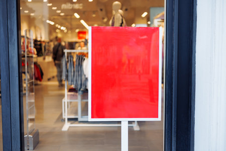 bright red sign mockup stands outside a clothing store in a bustling shopping district, signaling that the store is temporarily closed. The interior is filled with displays of apparel and mannequins.の写真素材