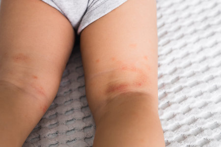 Allergic rash on the legs or feet of the toddler baby girl. Red rash, pimples from food allergies on...
