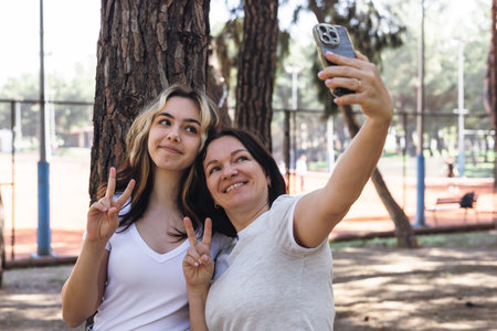 Two woman mother and teenage daughter pose happily with smartphone for a selfie under the trees in a park. They share playful gestures and bright smiles, enjoying their time together on a warm day.の写真素材