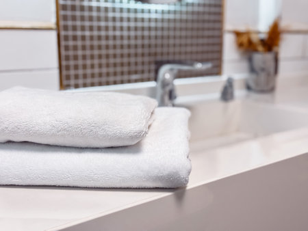 Fresh white towels sit on a sleek countertop in a contemporary bathroom. The minimalist design complements the bright, clean atmosphere, highlighting a sense of tranquility and hygiene.の写真素材