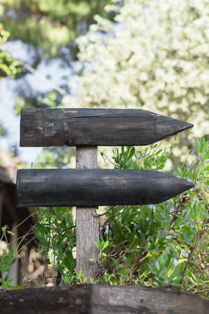 A rustic wooden mockup signpost displays arrows indicating various directions in a garden setting. Tropical hotel signs, vacation and travel conceptの写真素材