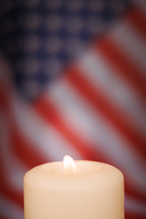Memorial Day Banner with candle and the United States official flag on background.の写真素材