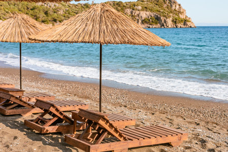 Wooden loungers are positioned in rows under straw umbrellas at a beach, inviting relaxation by the shore.の写真素材