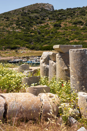 Ancient stone columns scattered in a grassy area, surrounded by hills in Turkiye. The ruins reflect...