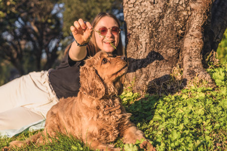 Young Caucasian woman with blond hair lying on grass next to a brown cocker spaniel dog near a tree...
