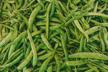 Fresh green beans piled together, showcasing their vibrant color and organic quality. Ideal for...