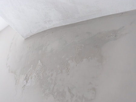 A close-up view of a textured wall with a light gray surface and a white corner. The wall shows...