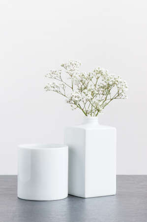 Wite gipsophila in a white vase on a white backgroundの写真素材