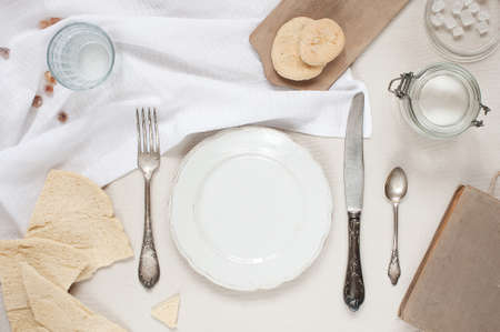 Domestic cutlery setting in bright coloresの写真素材
