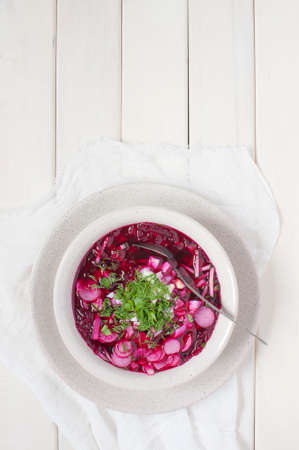 Ð¡old vegetable soup on the wooden tableの写真素材