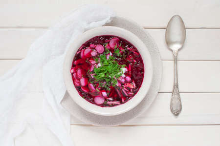 Beet soup on the wooden tableの写真素材