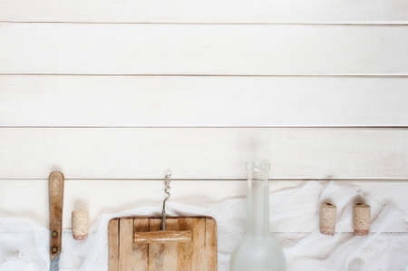 Vintage background with empty glass bottles and accessoriesの写真素材