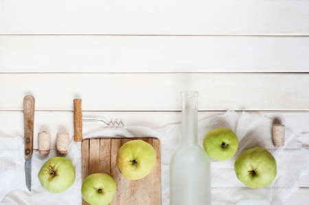 Vintage background with empty glass bottles and accesoriseの写真素材