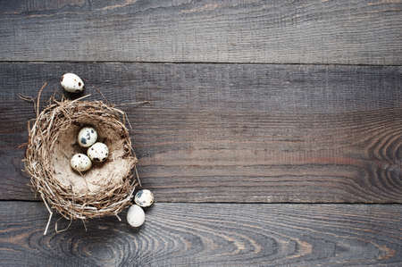 Small nest on the old brown wooden tableの写真素材