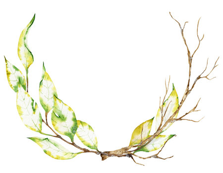 Watercolor wreath of dry autumn branches isolated on the white backgroundの写真素材