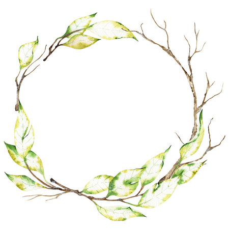 Watercolor wreath of dry autumn branches isolated on the white backgroundの写真素材