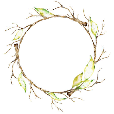 Watercolor wreath of dry autumn branches isolated on the white backgroundの写真素材