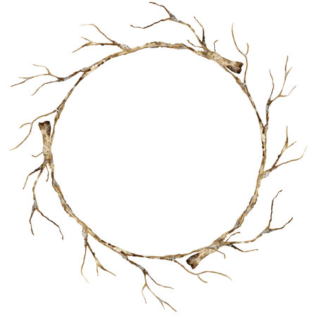 Watercolor wreath of dry autumn/winter branches isolated on the white backgroundの写真素材
